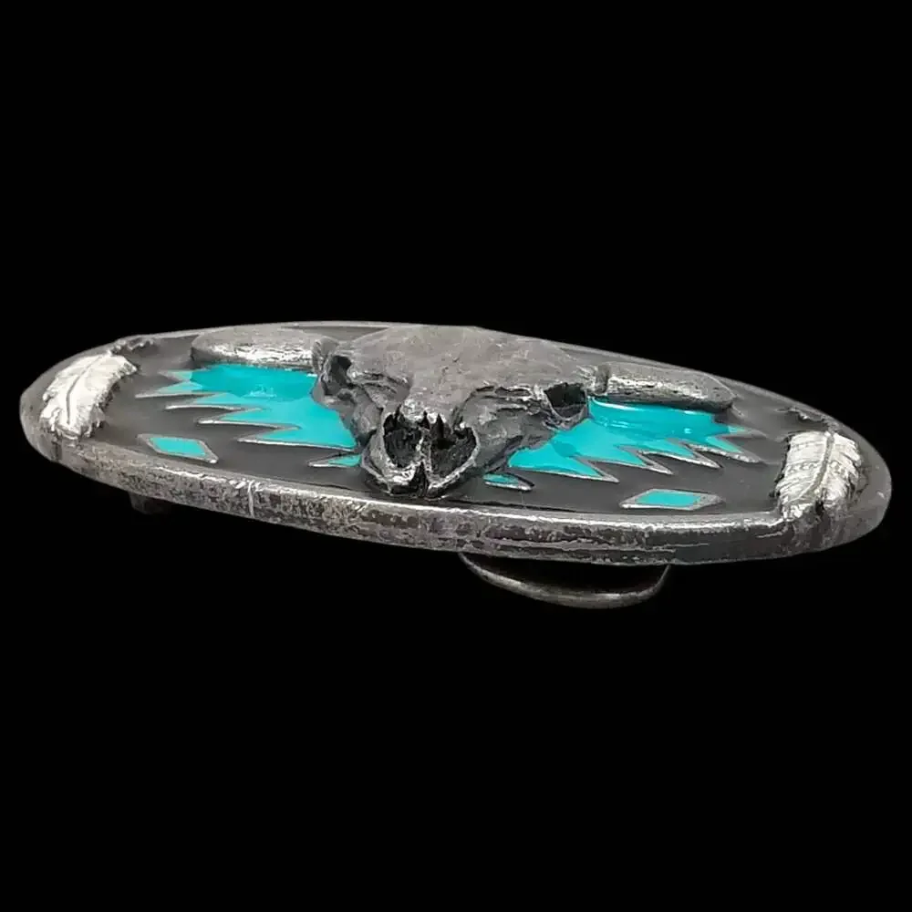 Vintage Belt Buckle 1993 Pewter Cow Skull Native American Indian Tribal Western‎